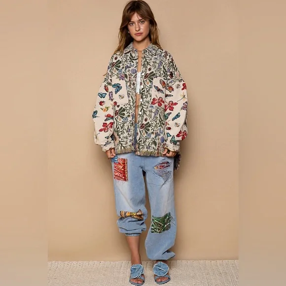 100.POL multicolor jacket Shacket Oversized Butterfly Floral Jacquard - Picture 6 of 7